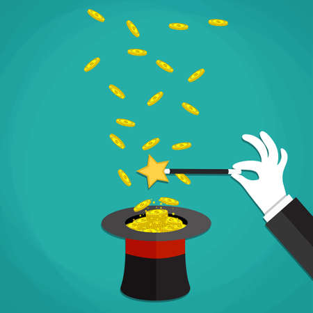 Money in the hat magic trick concept. Hand with white glove holding magic wand with flying money above a hat. Vector illustration in flat design on green backgroundのイラスト素材