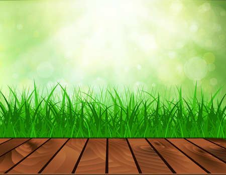 Beautiful spring background with grass and bokeh lights. vector background summer design  green garden nature illustrationのイラスト素材