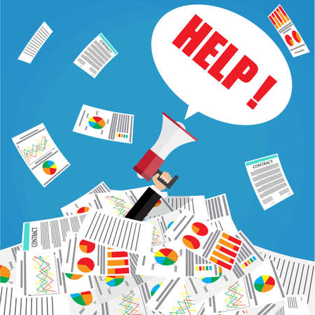 Stressed cartoon businessman in pile of office papers and documents with megaphone bubble speech...