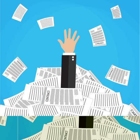 Stressed cartoon businessman in pile of office papers and documents. Stress at work. Overworked. Vector illustration in flat design on blue background.