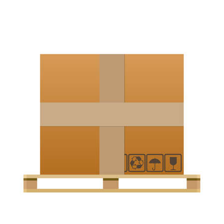 Big brown closed carton delivery box with fragile signs on wooden pallet. vector illustration isolated on white backgroundのイラスト素材