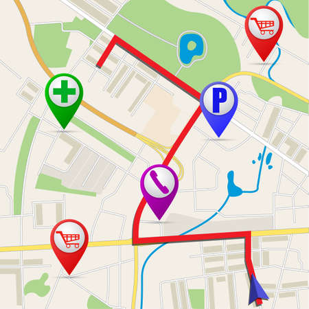 Folded maps with color point markers. Vector flat abstract city map with pin pointers. navigation route and infrastructure iconsのイラスト素材