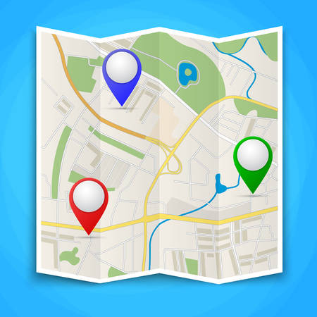 Folded maps with color point markers. Vector flat abstract city map with pin pointersのイラスト素材