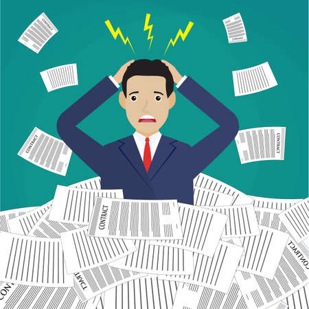 Stressed cartoon businessman in pile of office papers and documents. Stress at work. Overworked. Vector illustration in flat design on green background.のイラスト素材
