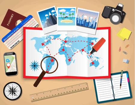 planning trip concept at table with paper map of world, magnifier, pen, passport, airplane ticket, photo camera photos, sticky notes. vector illustration in flat design on light backgroundのイラスト素材