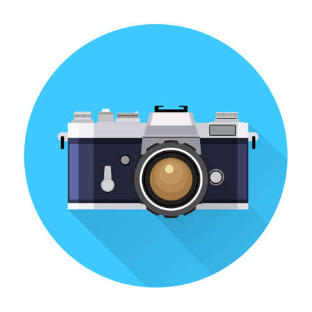 Retro Camera flat icon vector illustration for web design and mobile app isolated on blue background. Flat Vintage Camera Icon.  Vector illustrationのイラスト素材