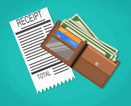 receipt, money cash with dollar banknotes, credit debit bank cards inside of leather wallet. vector...