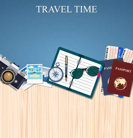 Travel and adventure template, travel time, banner for tourism website, vector illustration. travel and vacations concept. vector illustration in flat designのイラスト素材