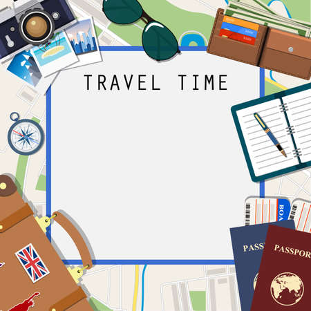 Travel and adventure template, travel time,Travel time template. International passport, boarding pass, tickets on the map background. vector illustration. travel and vacations concept  in flat designのイラスト素材