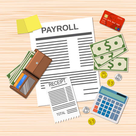 payroll concept. payroll invoice sheet, check receipt, calculator, leather wallet, money bills, coins. credit card. vector illustration in flat design on light backgroundのイラスト素材
