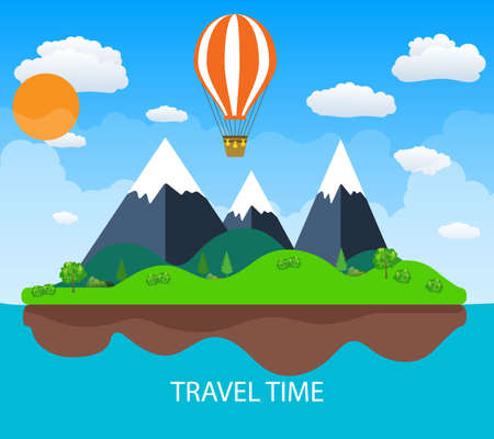 Travel illustration with landscape. Travel and tourism concept with Hot air balloon. vector illustration. travel and vacations concept  in flat designのイラスト素材