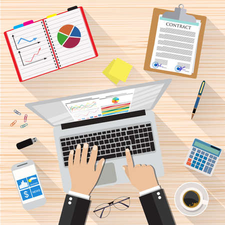 Businessman Workplace Desk Hands Working Laptop, sticky notes, contract papers, smartphone, calculator, pen, coffee cup. vector illustration in flat design with long shadowsのイラスト素材
