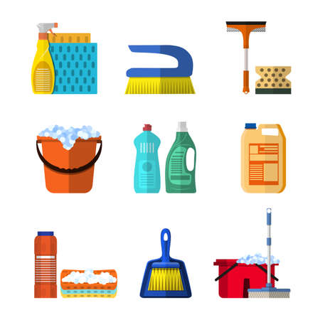 Cleaning icons set with mop soap and gloves, red plastic bucket, cleaning products in bottle for floor and glass. vector illustration isolated in flat design.のイラスト素材