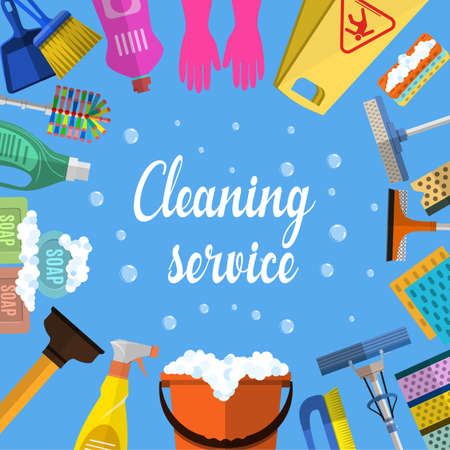 Cleaning service flat illustration. Poster template for house cleaning services with various cleaning tools. Caution wet floor sign, bucket, mop, sponge, brush, detergent product. Vector illustrationのイラスト素材