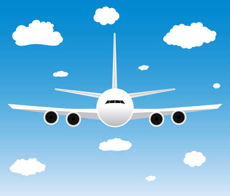Flight of the plane in the sky. Passenger planes, airplane, aircraft, flight, clouds, sky. vector illustration in Flat designのイラスト素材