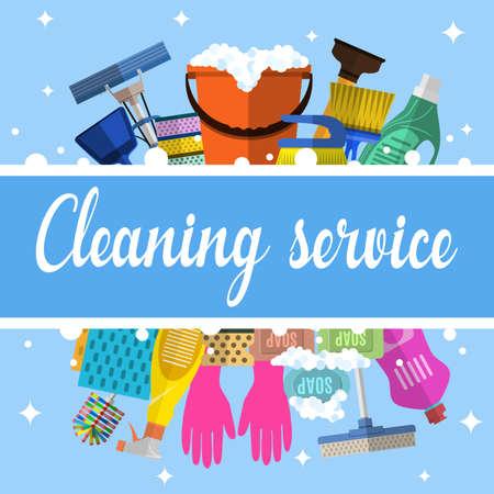 Cleaning service flat illustration. Poster template for house cleaning services with various cleaning tools. Caution wet floor sign, bucket, mop, sponge, brush, detergent product. Vector illustrationのイラスト素材
