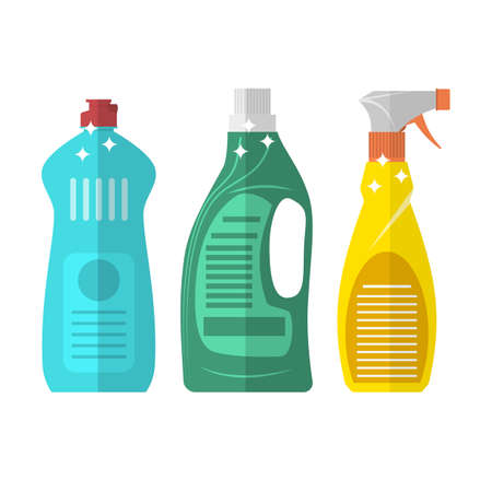 Household chemistry cleaning three plastic bottles, household cleaning container design. Domestic spray washing handle equipment. flat vector illustration isolated on white background.のイラスト素材
