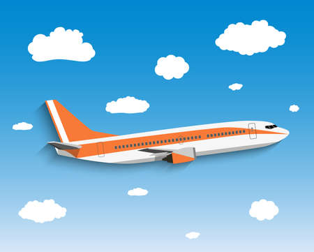 Flight of the plane in the sky. Passenger planes, airplane, aircraft, flight, clouds, sky. vector illustration in Flat designのイラスト素材