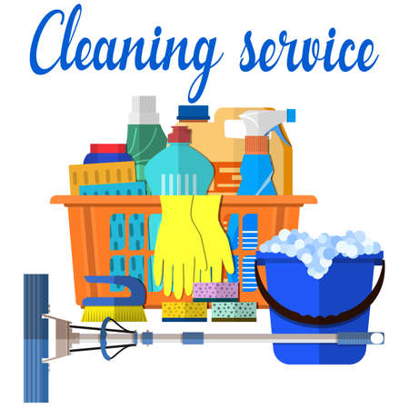 Household cleaning products and accessories in basket with detergent spay and rubber gloves abstract vector illustration in flat design. Cleaning set. MOP, sponge, blue plastic bucket,のイラスト素材