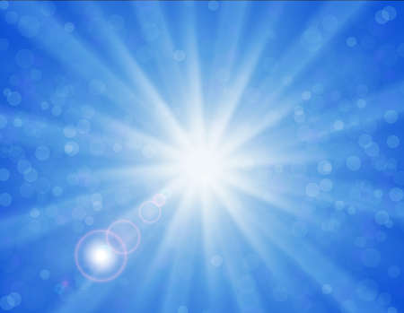 Vector background with shiny sun over a blue sky, with bokeh effect, lens flare and blurs. abstract blue sky and sun light ray. Blue sky natural backgroundのイラスト素材