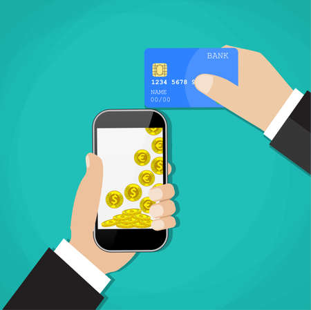 Man hands holding mobile phone and credit card. Concept of mobile payment app, payments application system, money transfer. vector illustration in flat designのイラスト素材