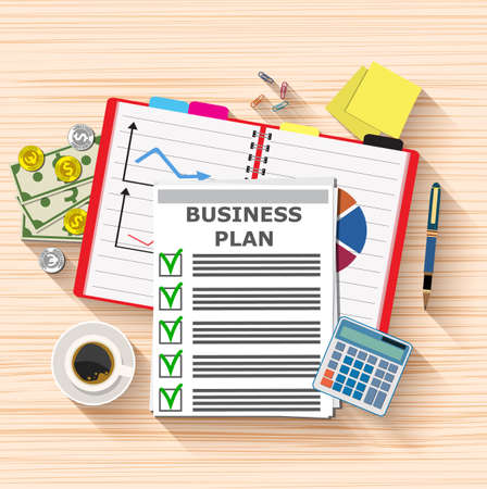 Business plan document papers. checklist, money cash, coins, calculator, pen, coffee cup. top view, vector illustration in flat design on wooden tableのイラスト素材