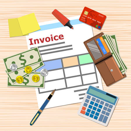 invoice invoicing payment design, Calculator, wallet with cash and coins, pen, credit card. top view, vector illustration in flat design on wooden tableのイラスト素材