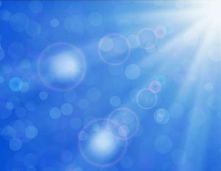 Vector background with shiny sun over a blue sky, with bokeh effect, lens flare and blurs. abstract blue sky and sun light ray. Blue sky natural backgroundのイラスト素材