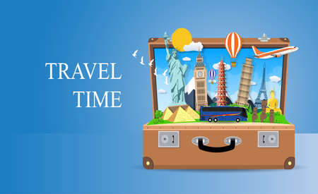 Trip to World. Travel to World. Vacation. Road trip. Tourism. Travel banner. Open suitcase with landmarks. Journey. Travel and adventure template, travel time. vector illustration in flat designのイラスト素材