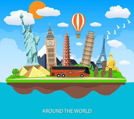 Trip to World. Travel to World. Vacation. Road trip. Tourism. Travel banner. Travelling vector illustration. Landmarks on the flying island. Concept website template.のイラスト素材