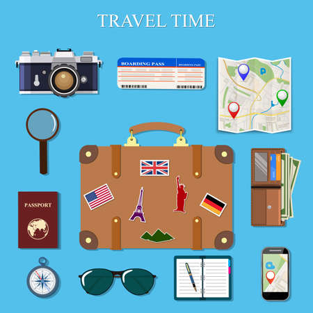 Flat design style modern vector illustration icons set of planning vacation, travelling on holiday journey, tourism and travel objects, passenger luggage. Isolatedのイラスト素材