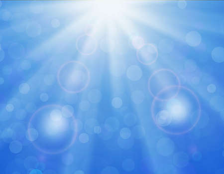 Vector background with shiny sun over a blue sky, with bokeh effect, lens flare and blurs. abstract blue sky and sun light ray. Blue sky natural backgroundのイラスト素材