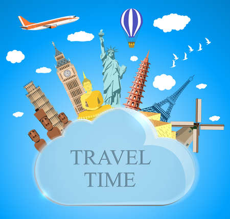 Trip to World. Travel to World. Vacation. Road trip. Tourism. Travel banner. cloud with landmarks. Journey. Travel and adventure template, travel time. vector illustration in flat designのイラスト素材
