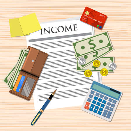 income payment design, Calculator, wallet with cash and coins, pen, credit card. top view, vector illustration in flat design on wooden tableのイラスト素材