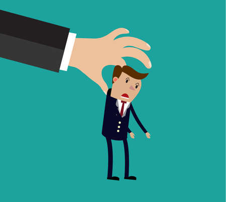 Big hand holding businessman. vector illustration in flat design on green backgroundのイラスト素材