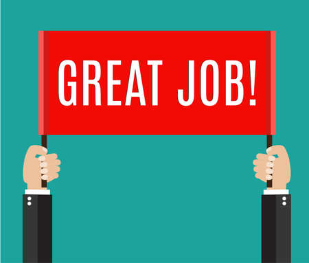 Businessmans hands holding Great Job sign.  vector illustration in in flat design styleのイラスト素材