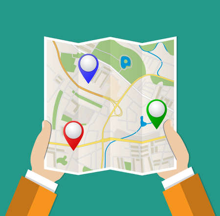 Folded Paper Map with color point markers In Hand, Abstract generic city map with roads, buildings, parks, river and with pin pointers. Vector Illustration in flat design on green backgroundのイラスト素材