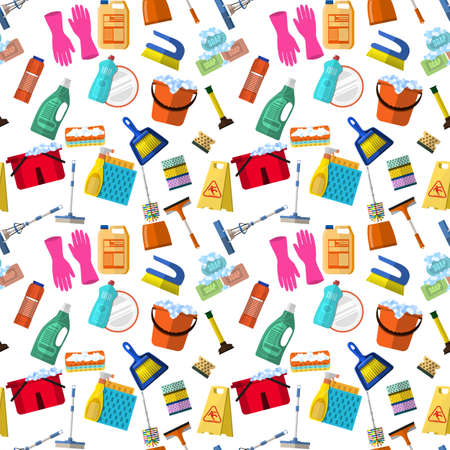 Cleaning washing housework dishes broom bottle sponge icons seamless pattern vector illustration. Background for backdrop to site, textile printing and wrapping paper.のイラスト素材