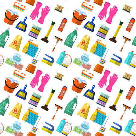 Cleaning washing housework dishes broom bottle sponge icons seamless pattern vector illustration. Background for backdrop to site, textile printing and wrapping paper.のイラスト素材