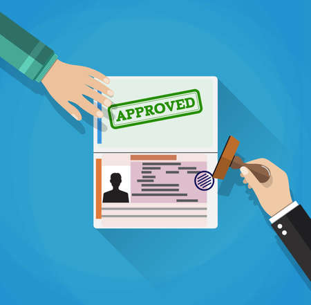 hand puts a stamp in the passport with a mark approved. travel document. vector illustration in flat design on BLUE background with shadowsのイラスト素材