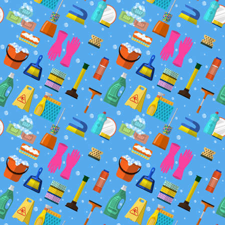 Cleaning washing housework dishes broom bottle sponge icons seamless pattern vector illustration. Background for backdrop to site, textile printing and wrapping paper.のイラスト素材