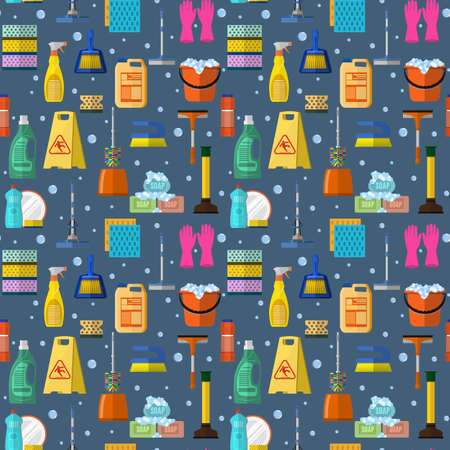 Cleaning washing housework dishes broom bottle sponge icons seamless pattern vector illustration. Background for backdrop to site, textile printing and wrapping paper.のイラスト素材