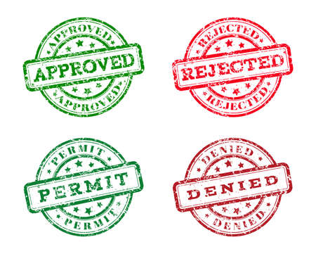 Green approved, permit logo stamp and red rejected, denied logo stamp. grunge style on white background. vector illustration. template for web design. infographicsのイラスト素材