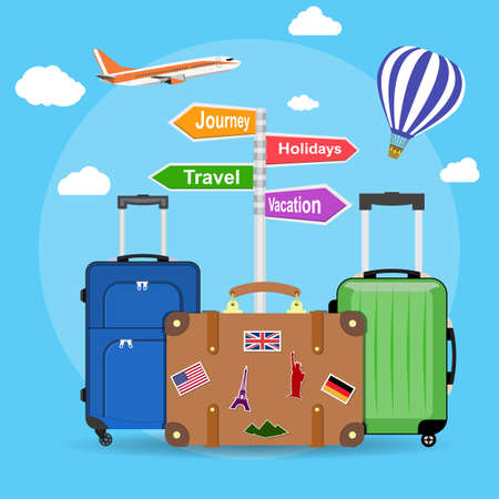 picture of travel bags and signpost vacation, travel, journey, holidays with clouds and plane, Hot air balloon, on background. illustration in flat design. travel and vacations conceptのイラスト素材