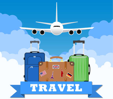 picture of three Travel bag with clouds, plane  and travel sign on background. illustration in flat design.  travel and vacations conceptのイラスト素材