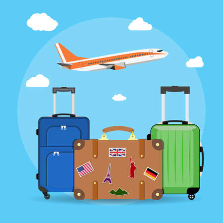 picture of three Travel bag with clouds and plane on background. vector illustration in flat design. travel and vacations conceptのイラスト素材
