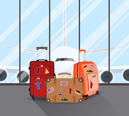 Travel suitcases in airport with a plane in background. Travel, Business trip concept. Vector illustration in flat design. travel and vacations conceptのイラスト素材