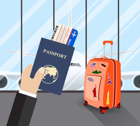 Travel, business trip concept. Businessman holding passport and Boarding Pass in airport with suitcase and a plane in background. Vector illustration in flat design. travel and vacations conceptのイラスト素材