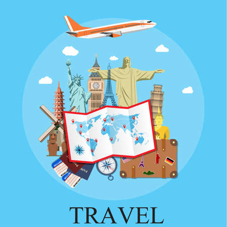Travel by plane. World Travel. Planning summer vacations. Summer holiday. Tourism and vacation theme. vector illustration in flat design. travel and vacations conceptのイラスト素材