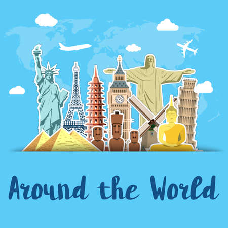 World landmarks sticker icons set with sky scrapbook background vector illustrationのイラスト素材